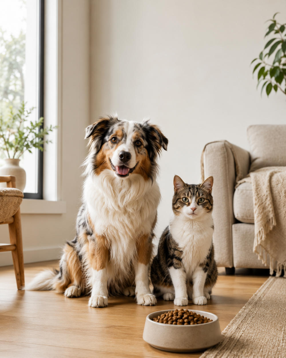 Chien et chat profitant d'une alimentation PERRO