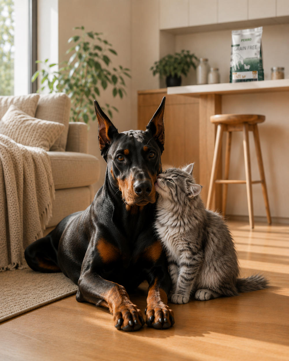 Un chien et un chat réunis dans un intérieur chaleureux